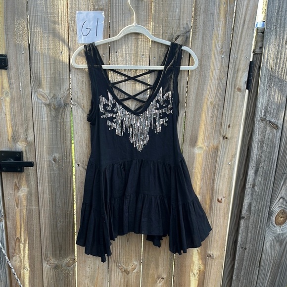 Free People Black Sequin Tunic Tank Top with Silver Accents Size small - Picture 1 of 7